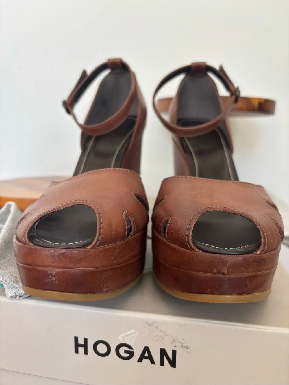 Hogan Brown Leather Wedge Sandals with Ankle Strap, sz 39 Made in Italy